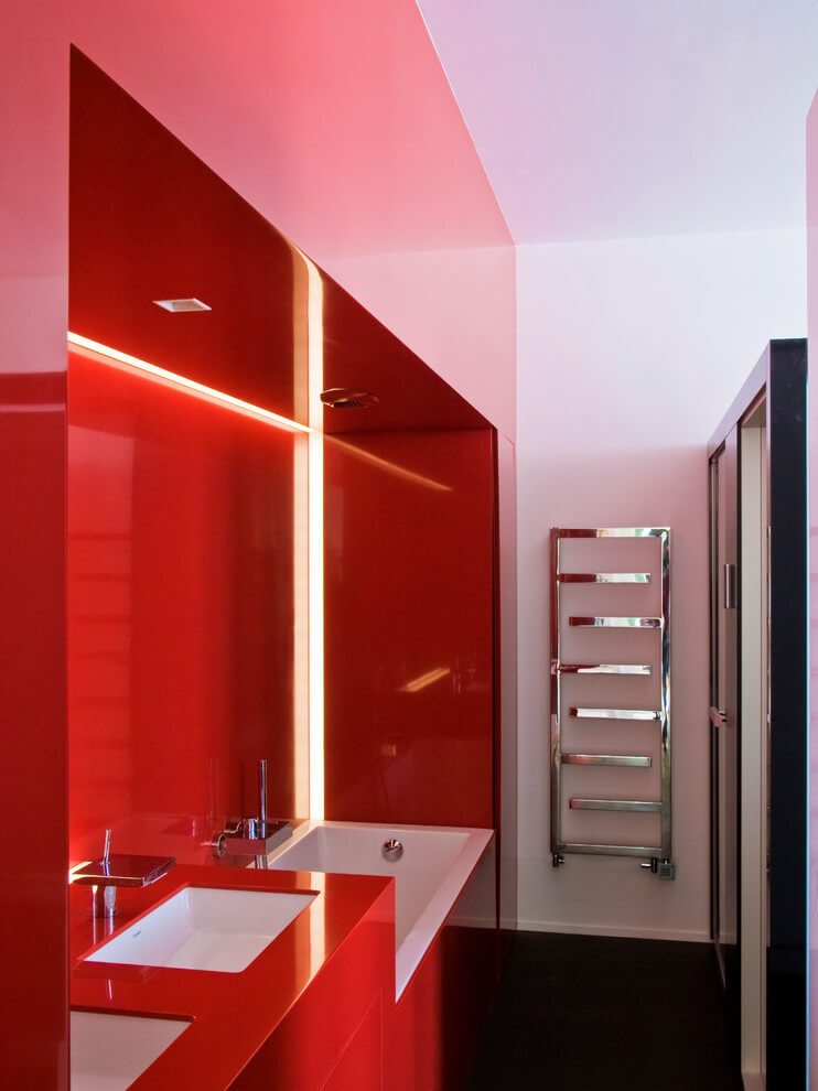 Lacquered Red Walls In Bathroom