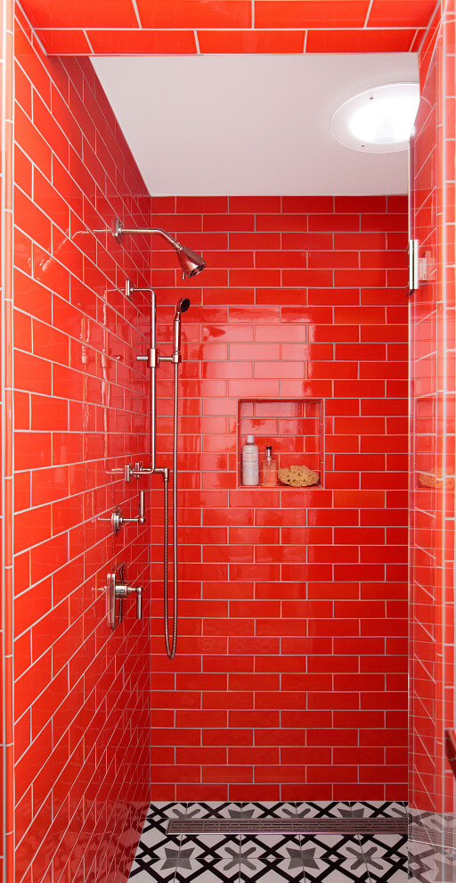 Vibrant Red Tiled Shower Stall