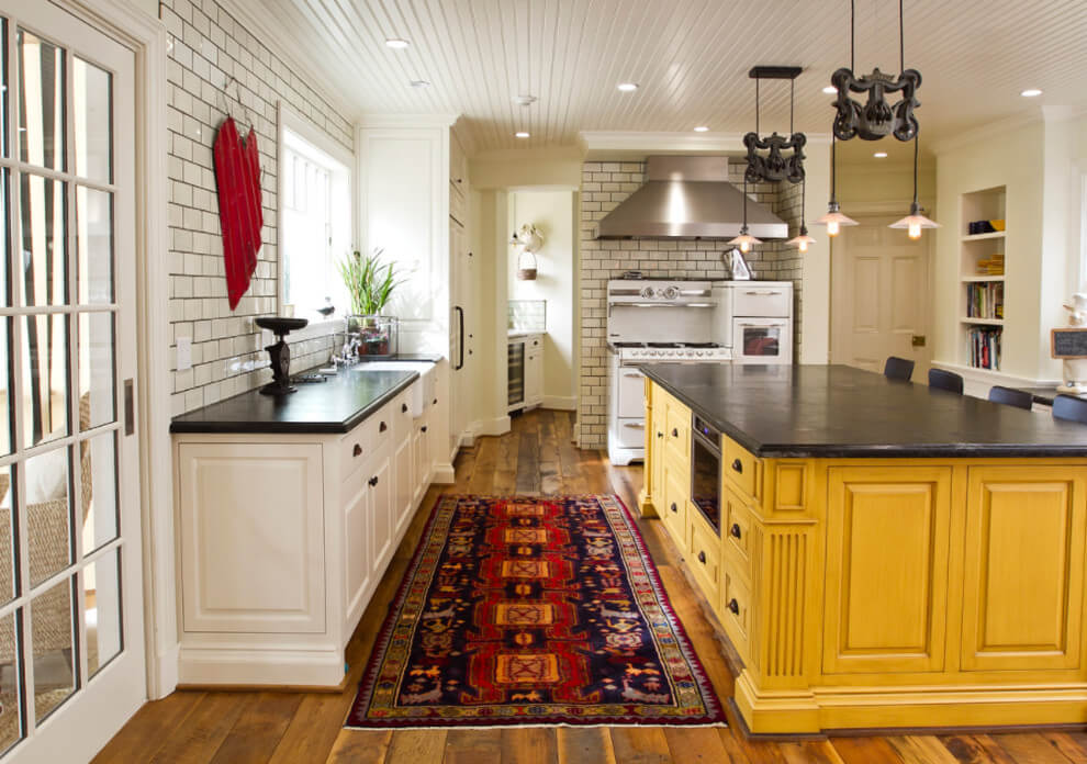 Yellow Island In Traditional Kitchen